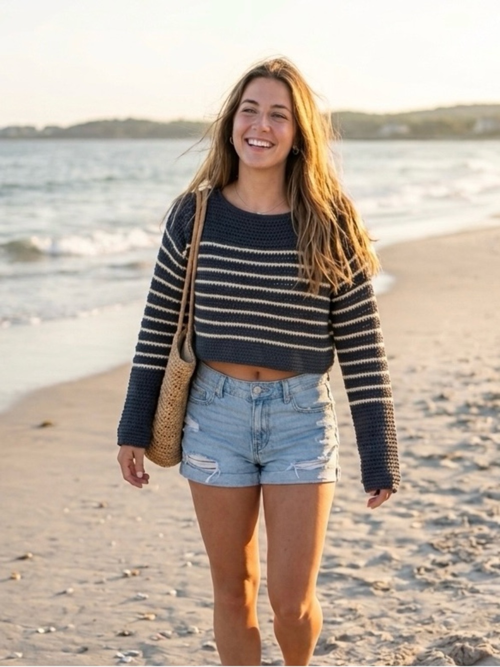 Pookie & Sebastian Women’s Cream & Blue Striped Fisherman Knit Crop Top Sweater